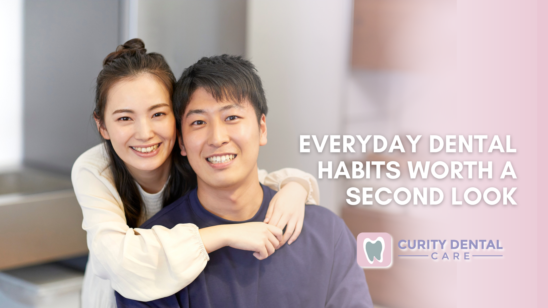 Smiling couple, embracing, promoting dental care habits. Pink gradient background, 