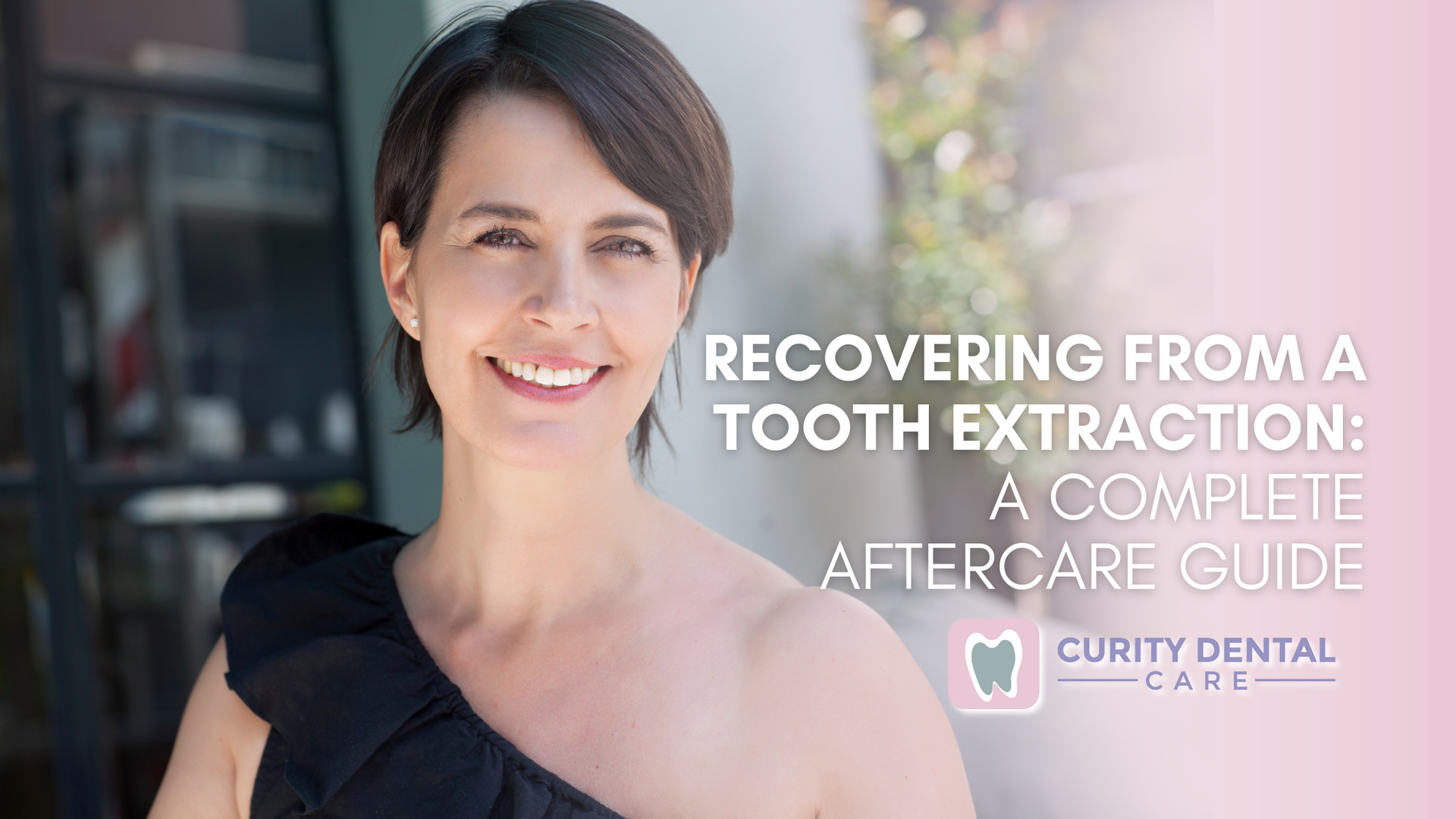 A woman is smiling while recovering from a tooth extraction.