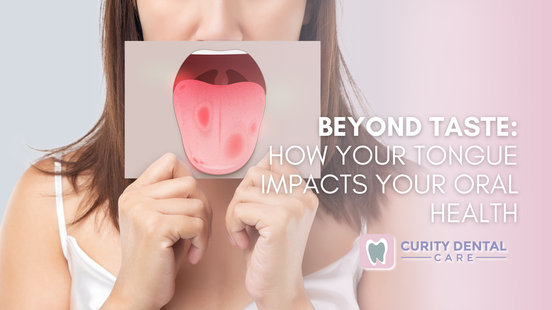 A woman is holding a picture of her tongue in front of her face.