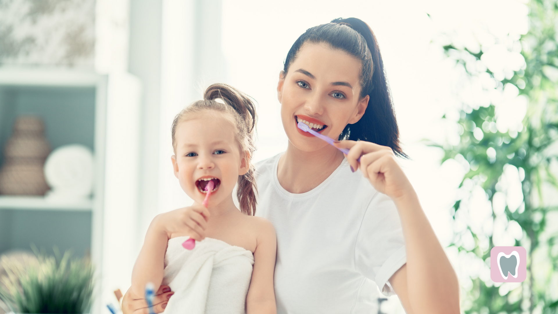 A woman and a little girl are brushing their teeth together.
