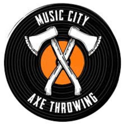 a logo for music city axe throwing