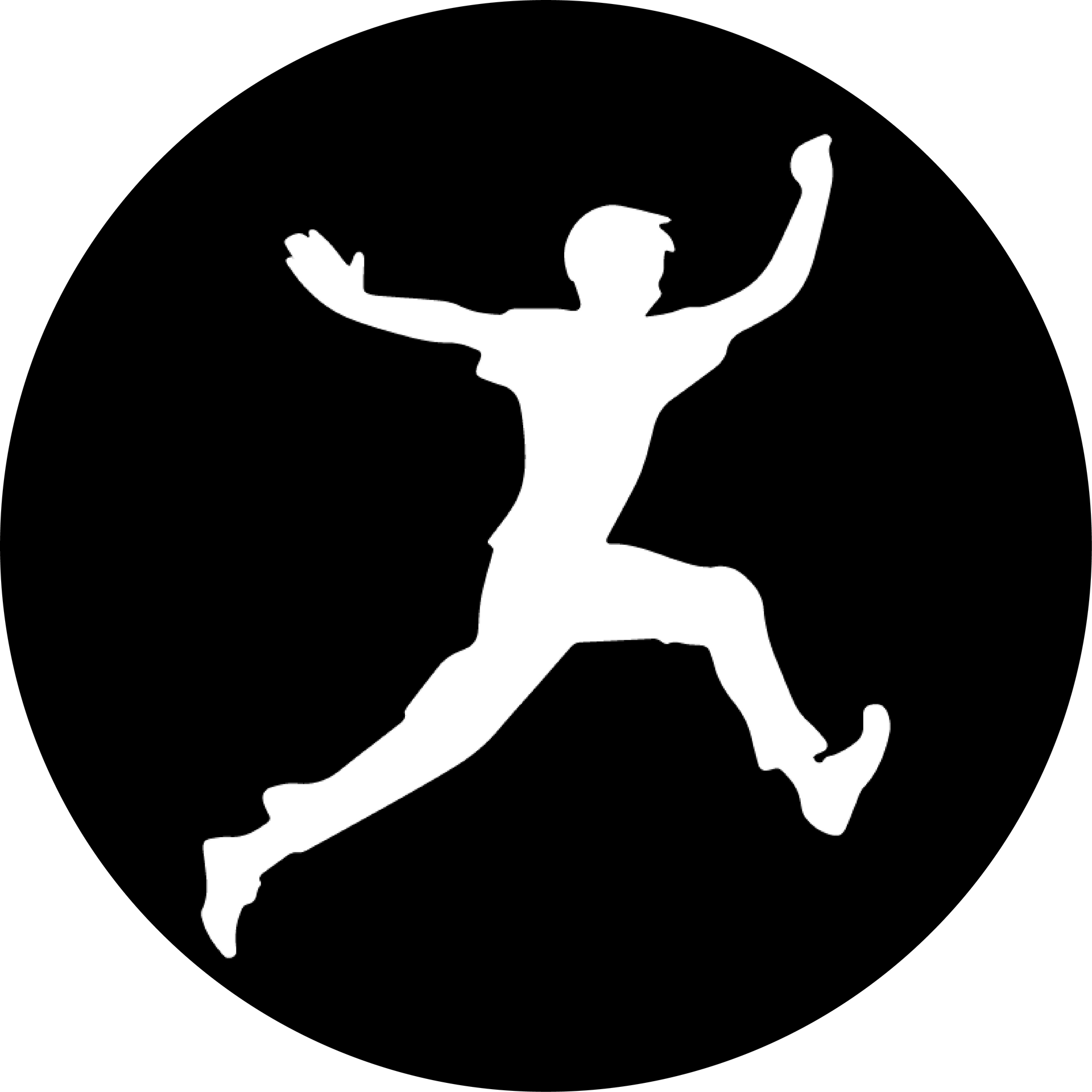 A silhouette of a person jumping in the air in a black circle.