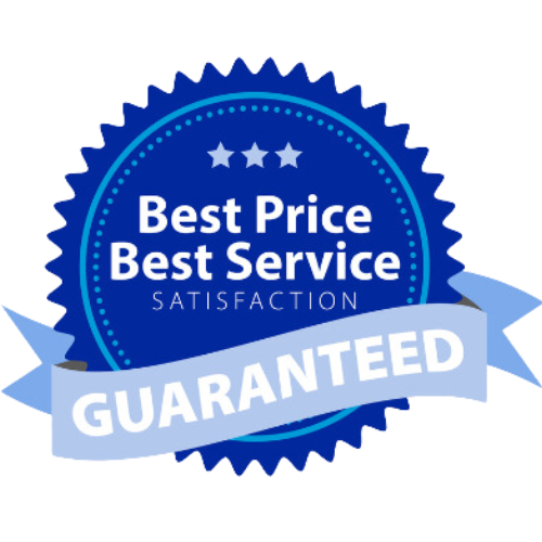 A blue badge that says best price best service satisfaction guaranteed