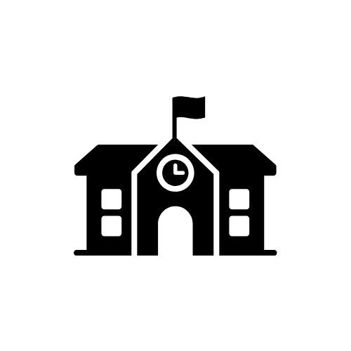 A school building with a clock and a flag on top of it.