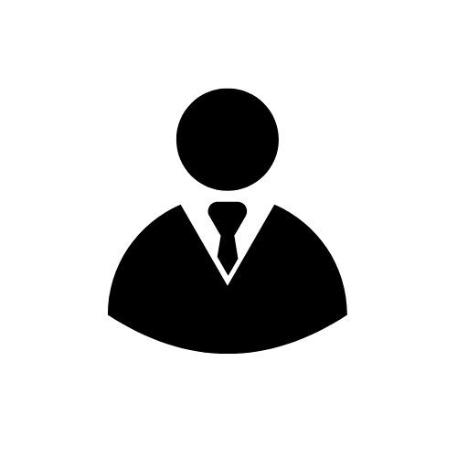 A black and white silhouette of a man in a suit and tie.