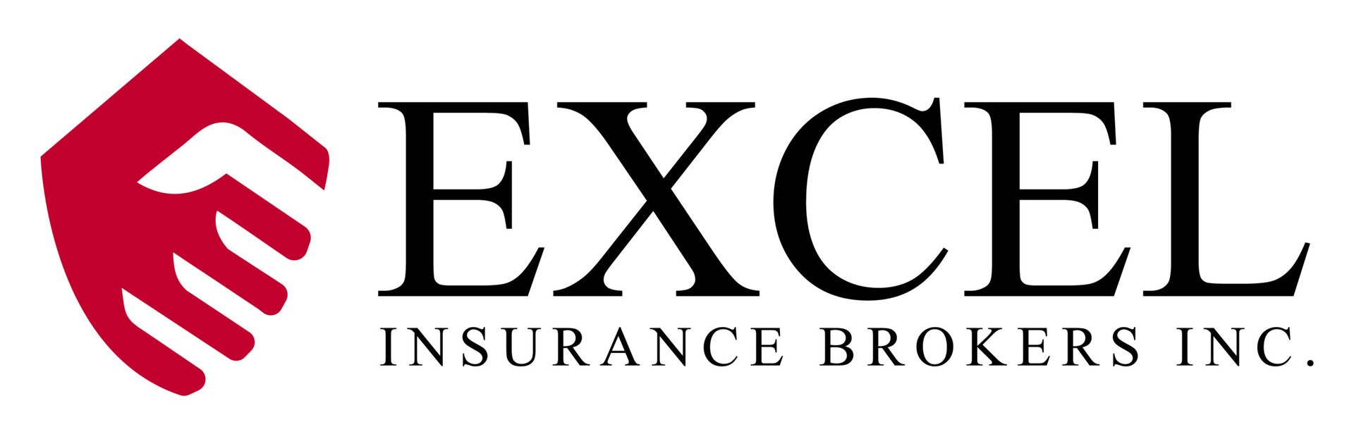 Excel Insurance Brokers Inc. logo featuring a red abstract hand or handshake beside black text.