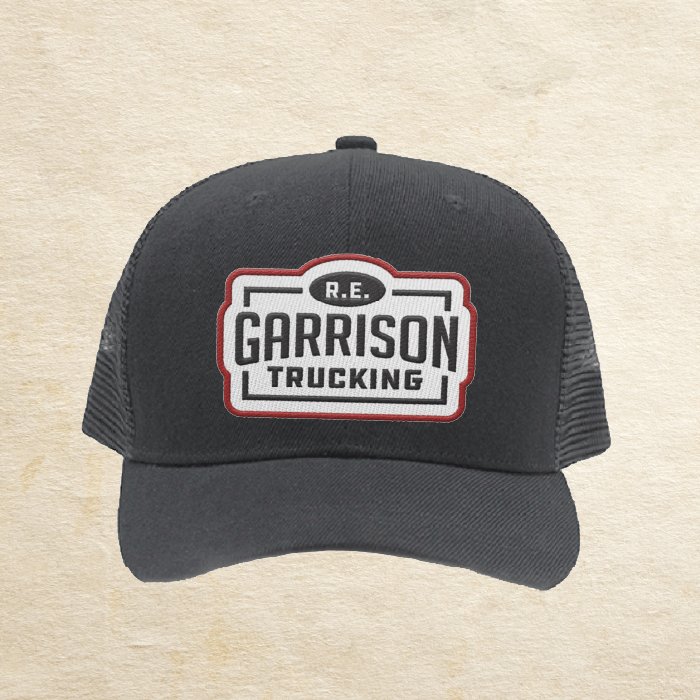 Blue Hat with R.E. Garrison Logo Patch in black in white with red outline