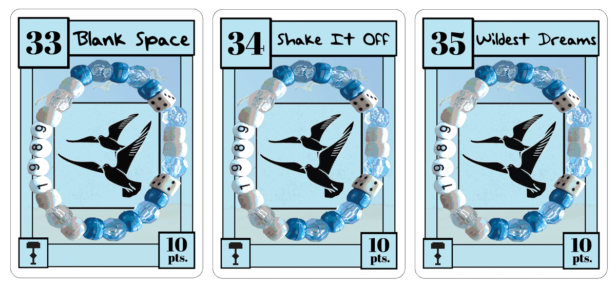 A graphic of three game cards from Taylor Swift's 1989 era.