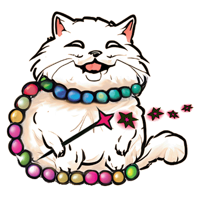 The Karma Cat, a fuzzy white cartoon cat wearing beads and holding a magic wand.