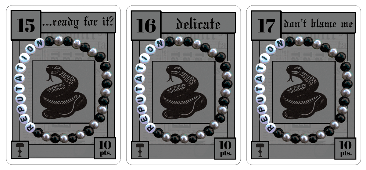 A graphic of three game cards from the Reputation era.