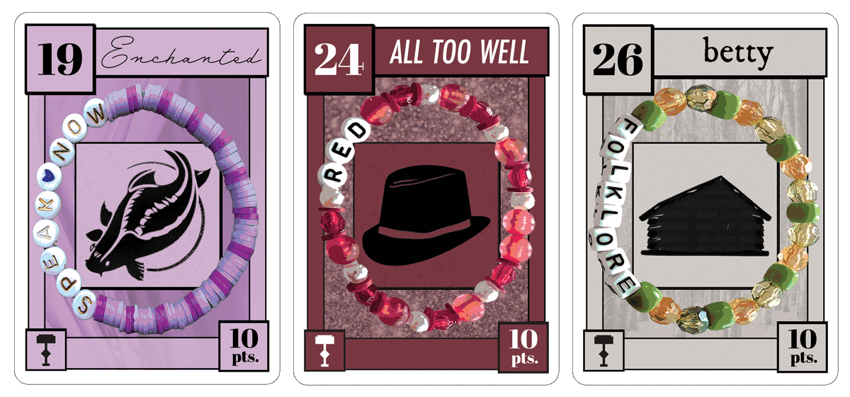 A graphic of three cards from the Speak Now, Red, and folklore eras.