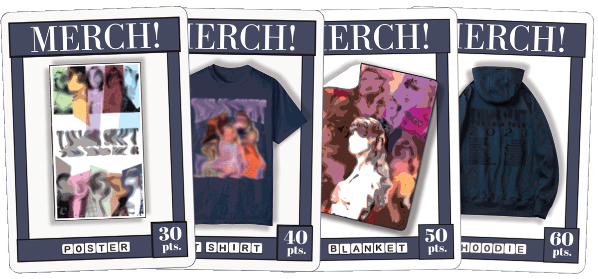 A graphic showing four Taylor Swift merch cards from the Karma game, including a poster, t-shirt, blanket, and hoodie.