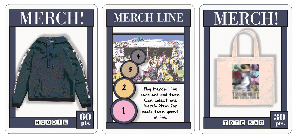 Three game cards showing Taylor Swift merch and the Merch Line.