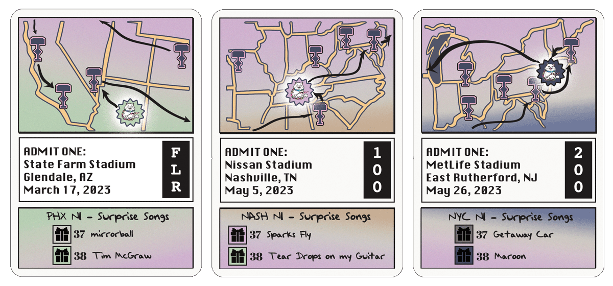 Graphic of three Karma ticket card with various dates and seating levels.