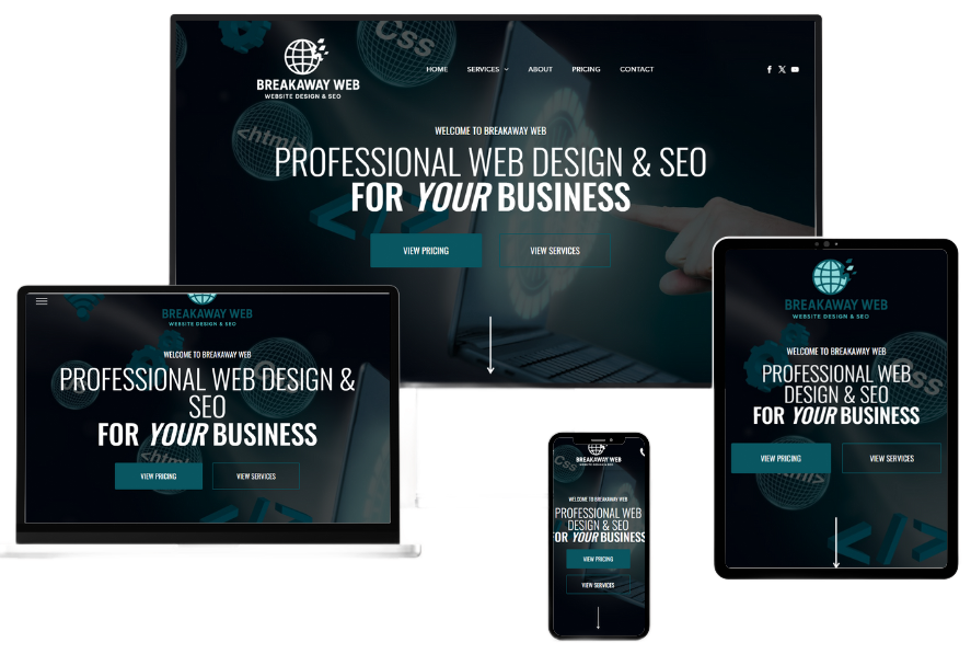 Website design displayed on multiple devices: desktop, tablet, and phone. Text reads 