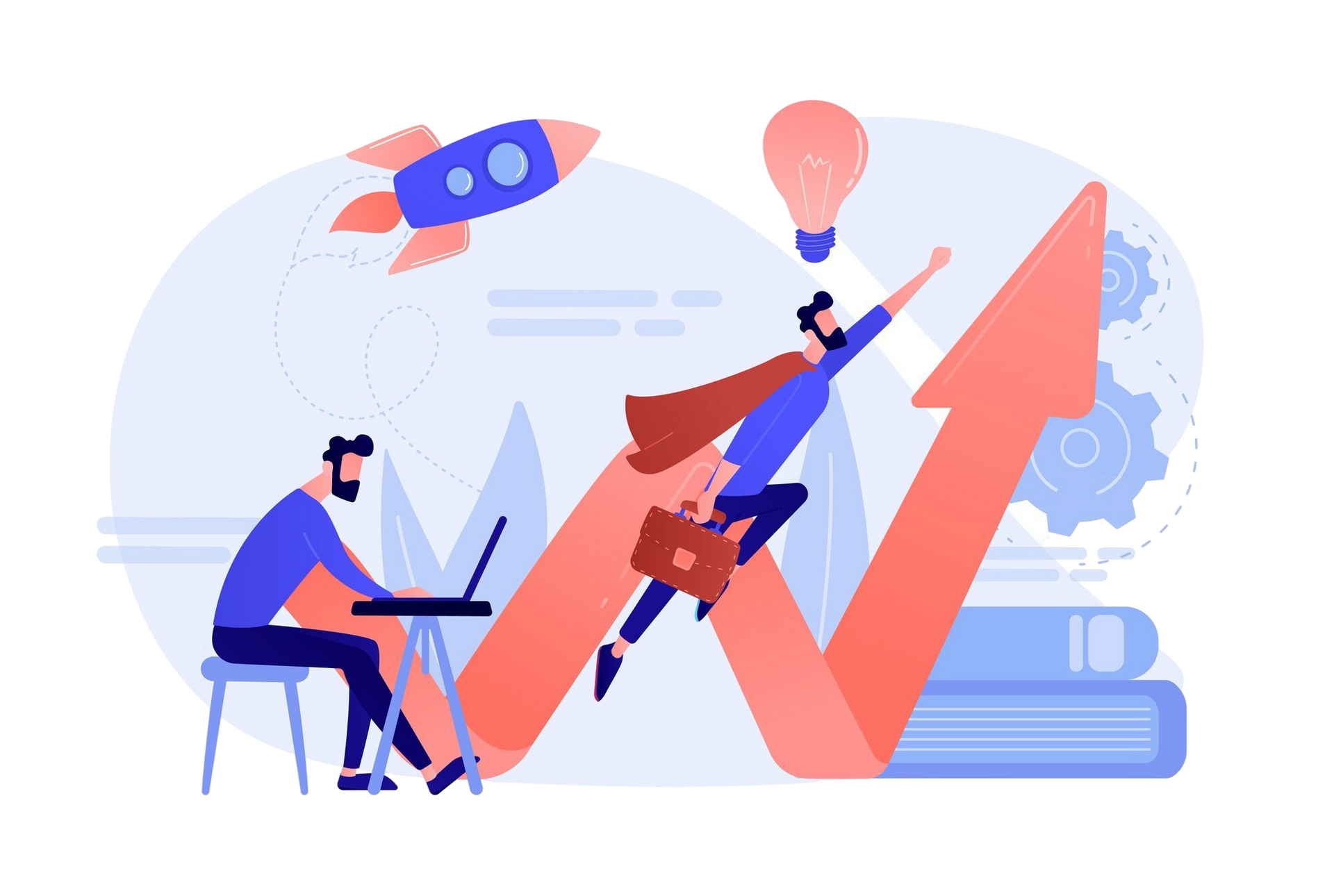 Man working on laptop, superhero soaring on upward arrow, rocket ship, lightbulb.