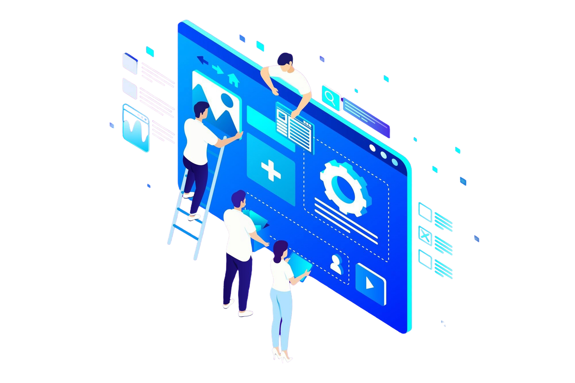 Team of people working on a website design; blue and white color scheme.