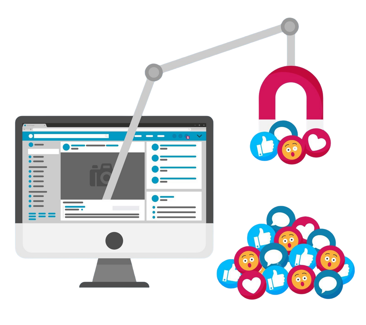 Computer with social media interface, a magnet attracting emoji reactions.