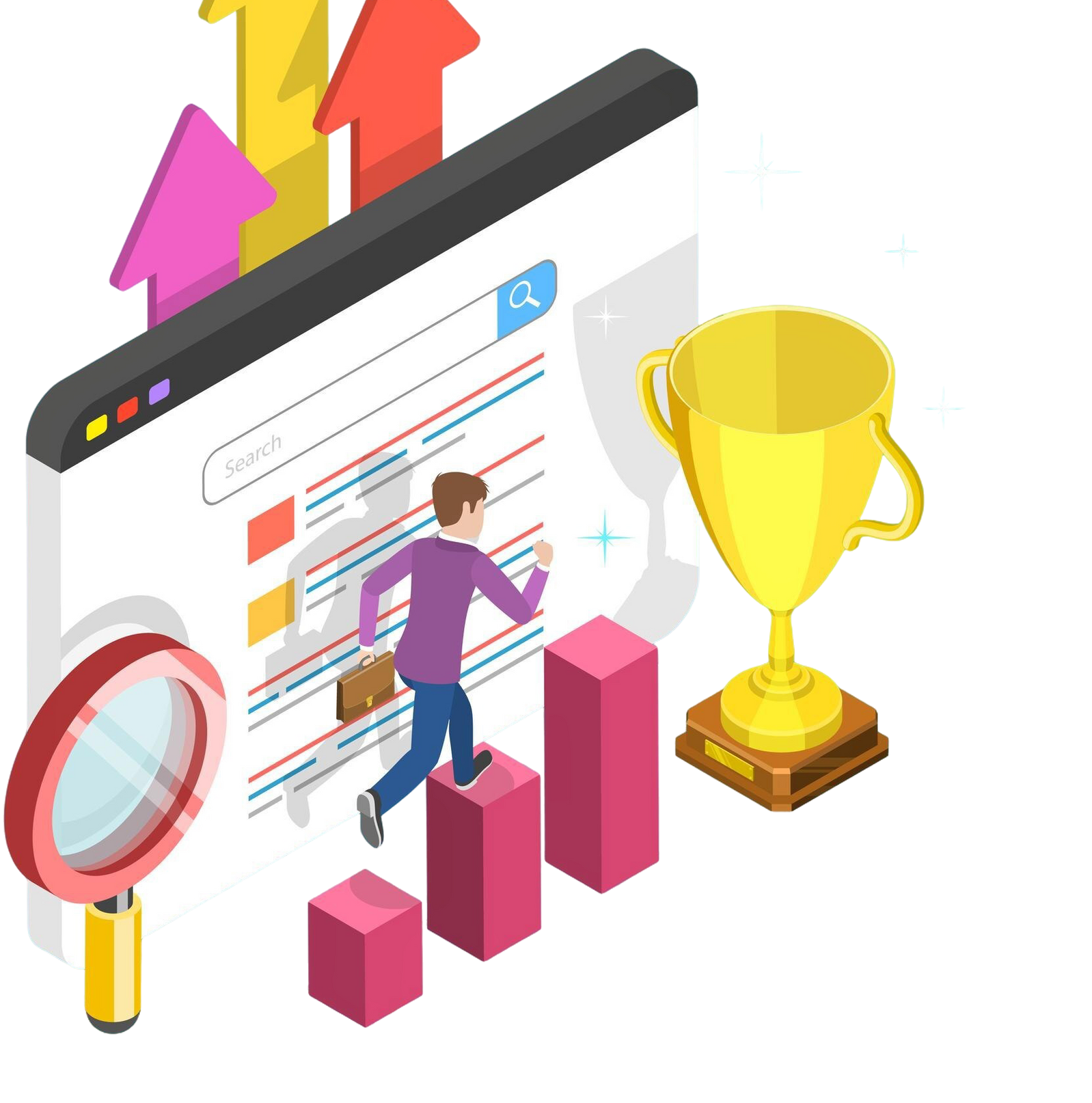 Man running towards a golden trophy through a rising graph, web search results in background.