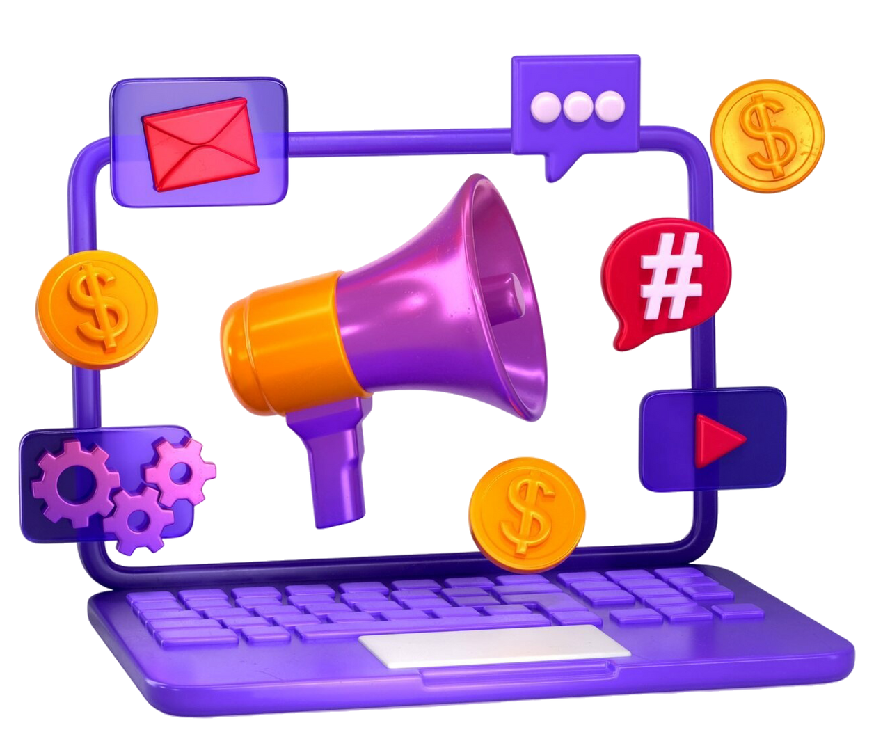 Purple laptop with megaphone, icons (email, chat, hashtags, play button), and gold coins.