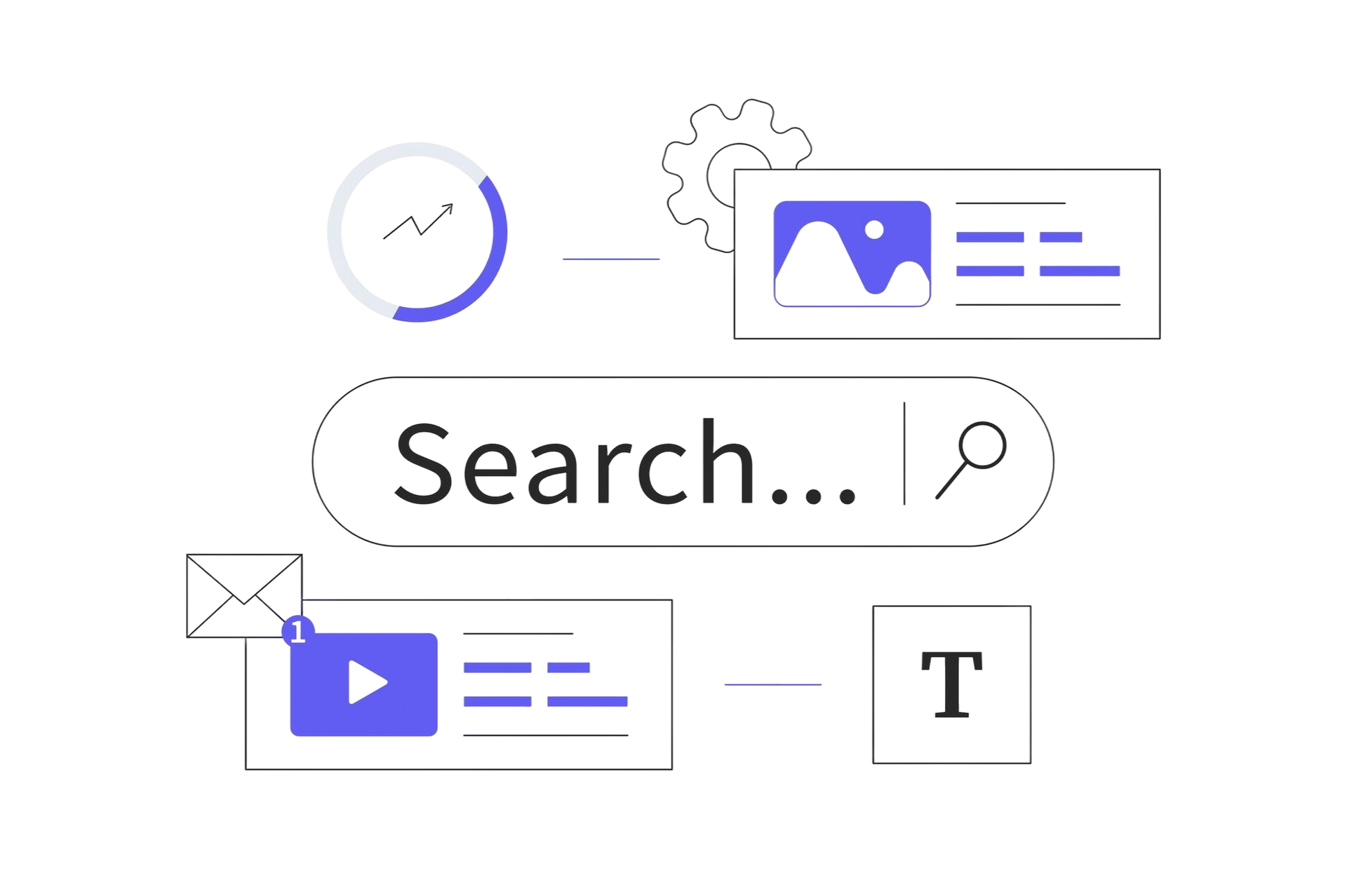Search bar with icons of a graph, image, video, and text, representing search results.