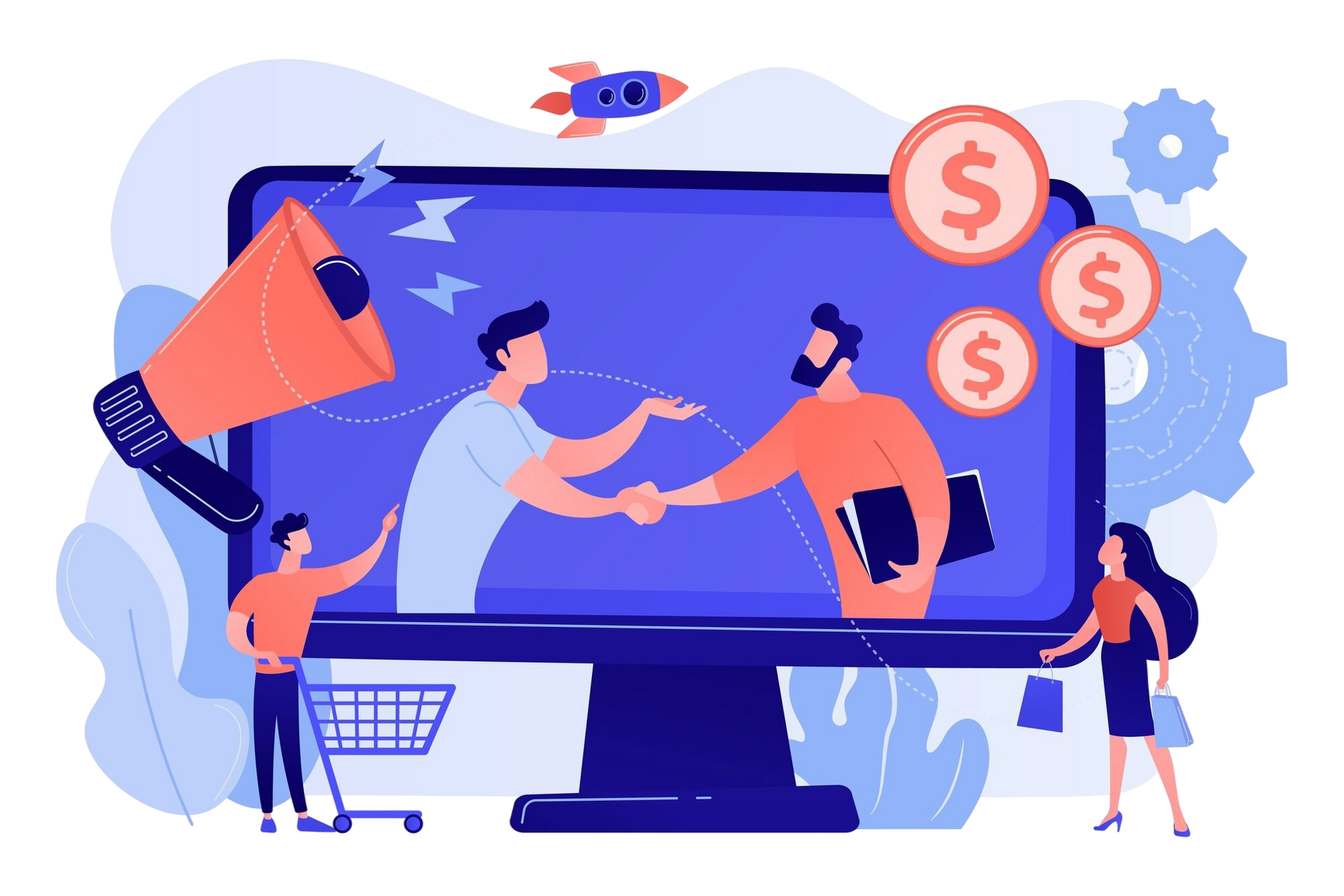 People shaking hands on a computer screen. Digital marketing concept with coins, megaphone, rocket, and shopping cart.