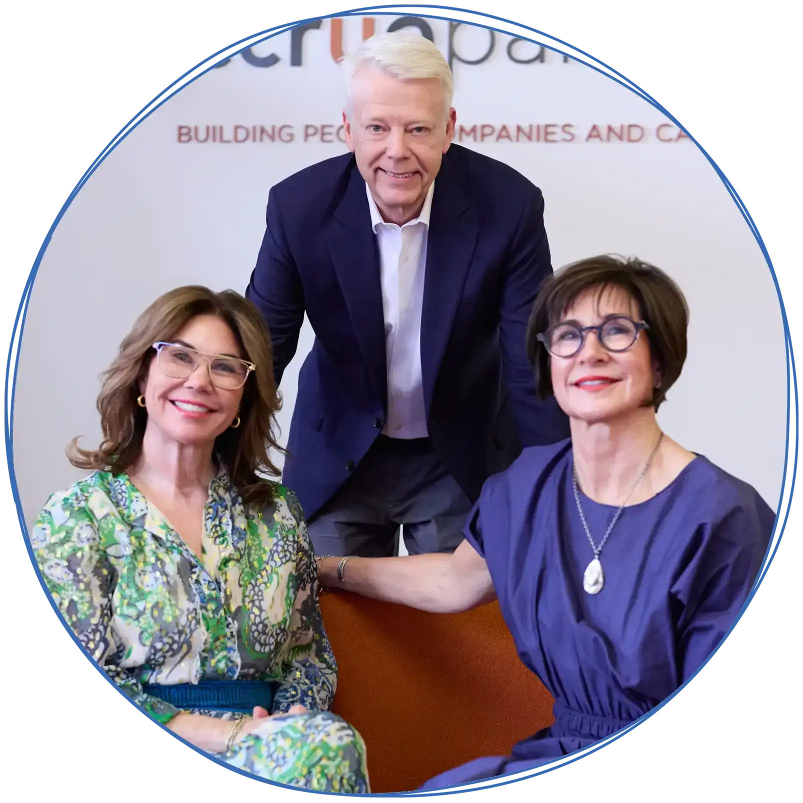 People in a business meeting around a table, using laptops and discussing ideas. Blue and white colors.