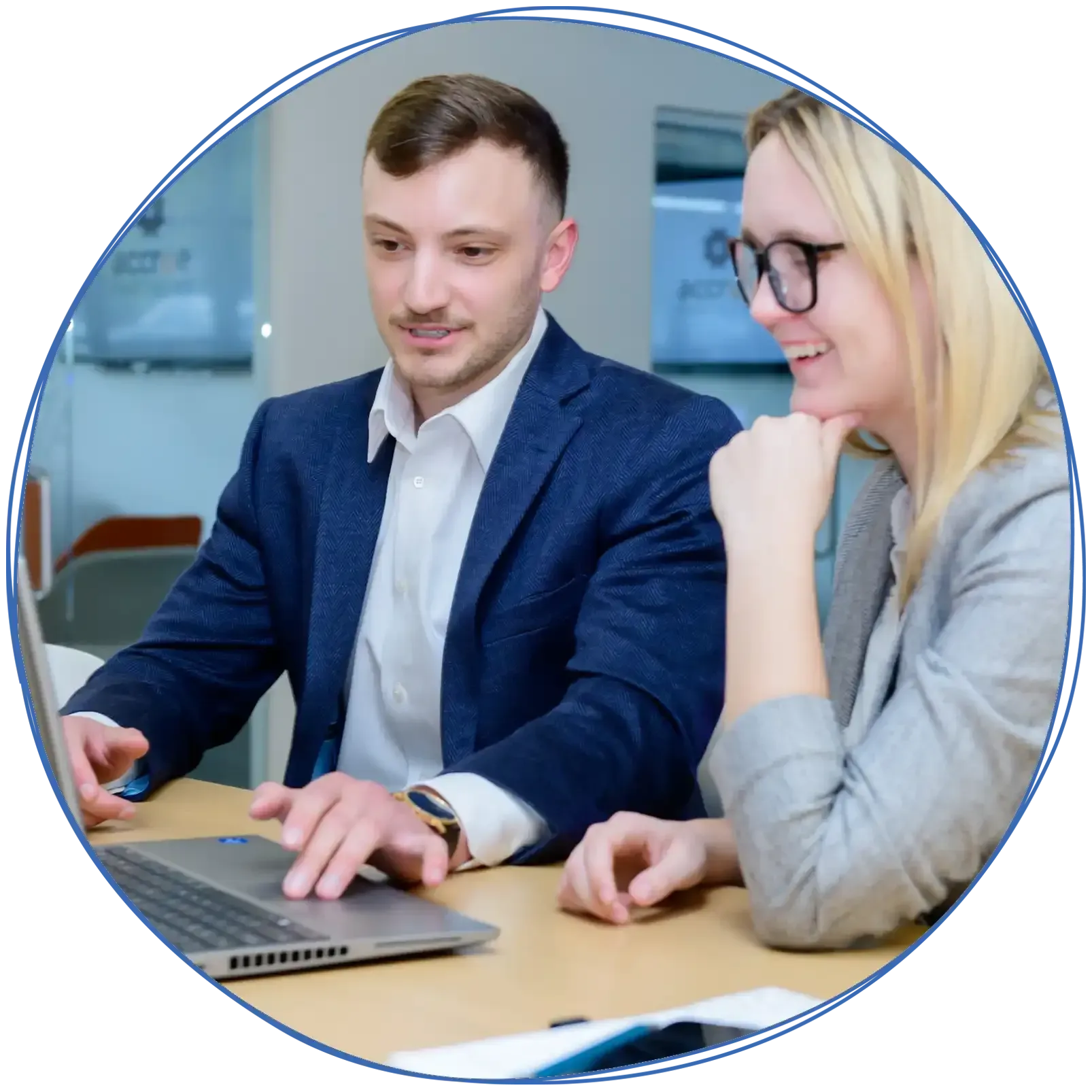 People in a business meeting around a table, using laptops and discussing ideas. Blue and white colors.