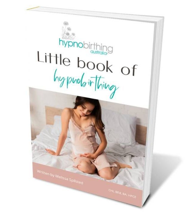A little book of hypnobirthing shows a pregnant woman sitting on a bed.