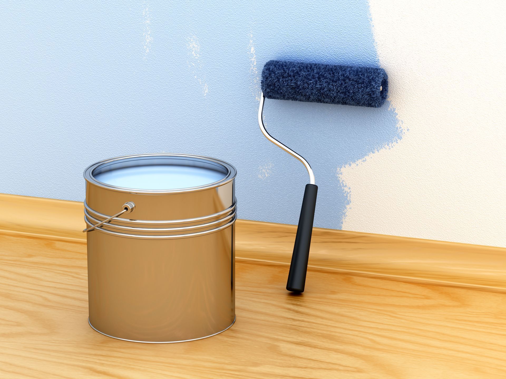 Blue-painted wall with roller and can on wood floor, mid-renovation. Blue-painted wall with roller and can on wood floor, mid-renovation.