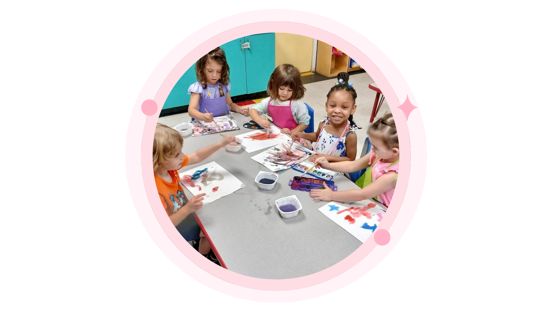 Child in construction gear kneels in a playroom. They wear a yellow vest and hard hat, smiling.