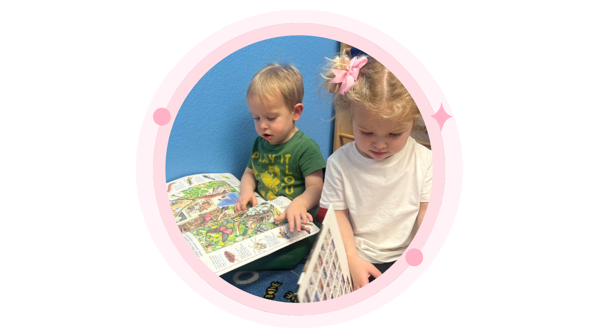 Children and teacher in a circle, sitting on colorful mats, playing and learning indoors.