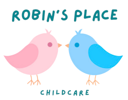 Robin's Place Childcare logo with two birds: pink and blue, facing each other. Robin's Place Childcare logo with two cartoon birds; pink and blue, touching beaks, on white.