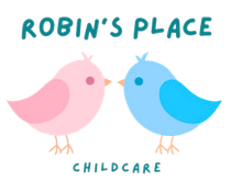 Robin's Place Childcare logo with two birds: pink and blue, facing each other. Robin's Place Childcare logo with two cartoon birds; pink and blue, touching beaks, on white.