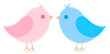 Two cartoon birds, one pink and one blue, face each other, beaks touching.