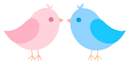 Two cartoon birds, one pink and one blue, face each other, beaks touching.