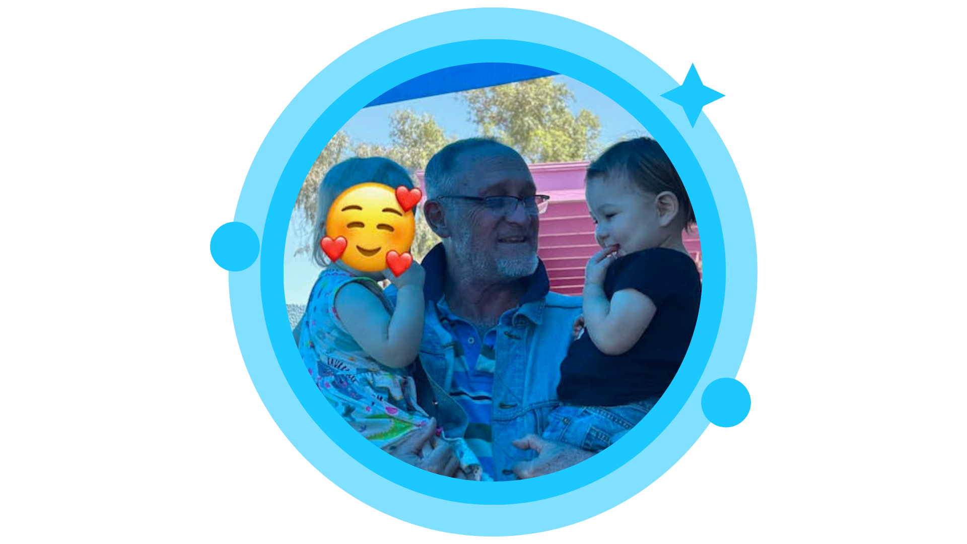 Man holding two children, smiling. Blue circle frame with emoji.