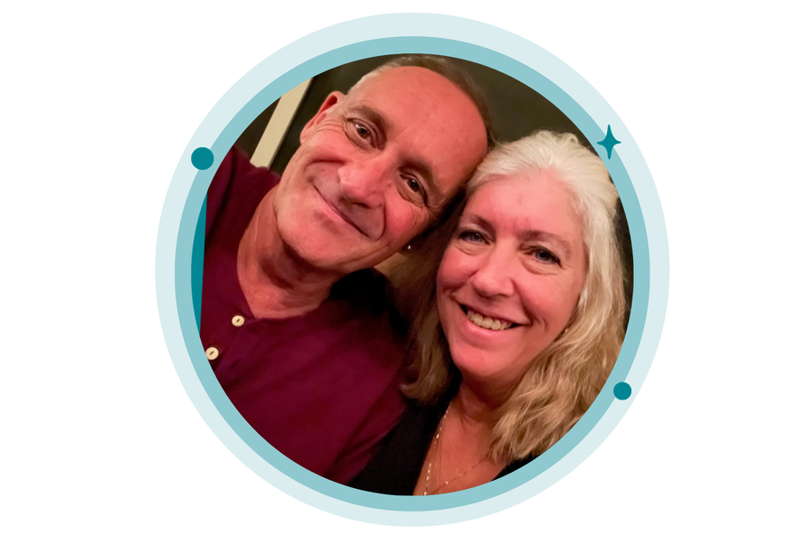 Smiling couple, close-up. Man in burgundy shirt, woman with white hair. Teal and white circle border.