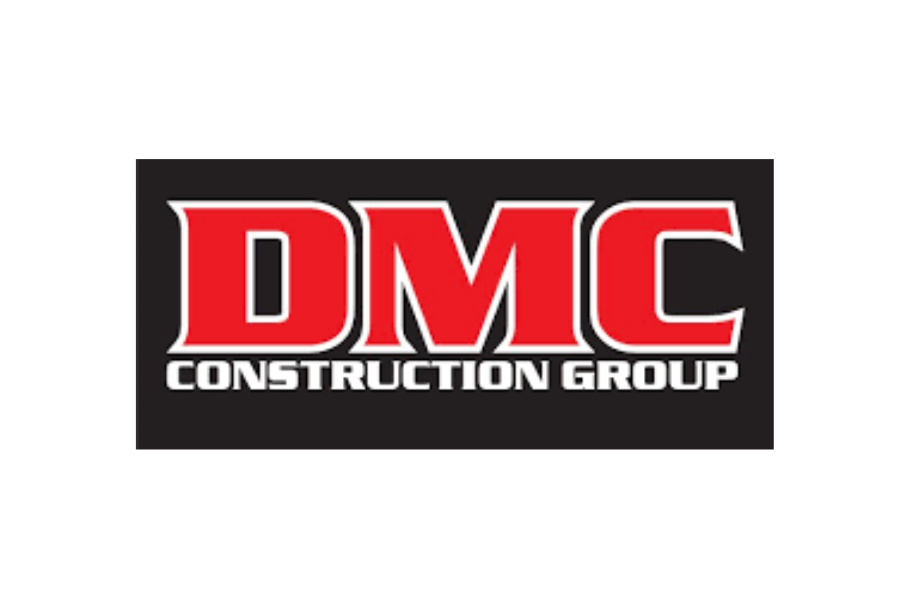 DMC Construction Group logo in red and white on a black background