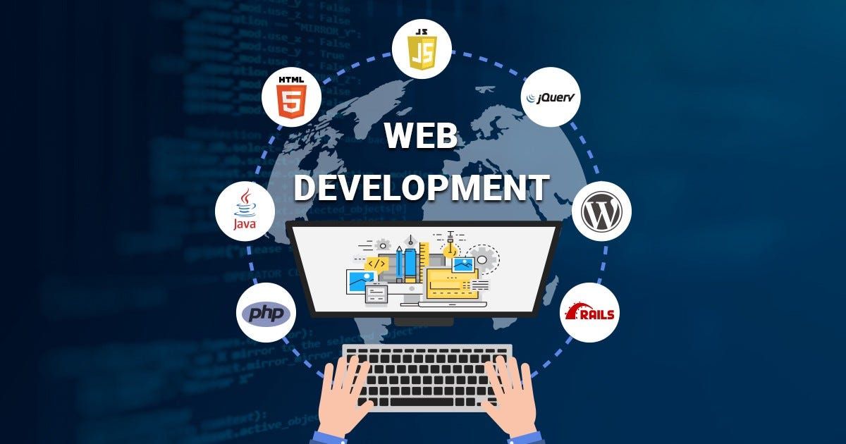 Web development icons showing coding languages like HTML, Java, PHP, and WordPress, representing web development services.