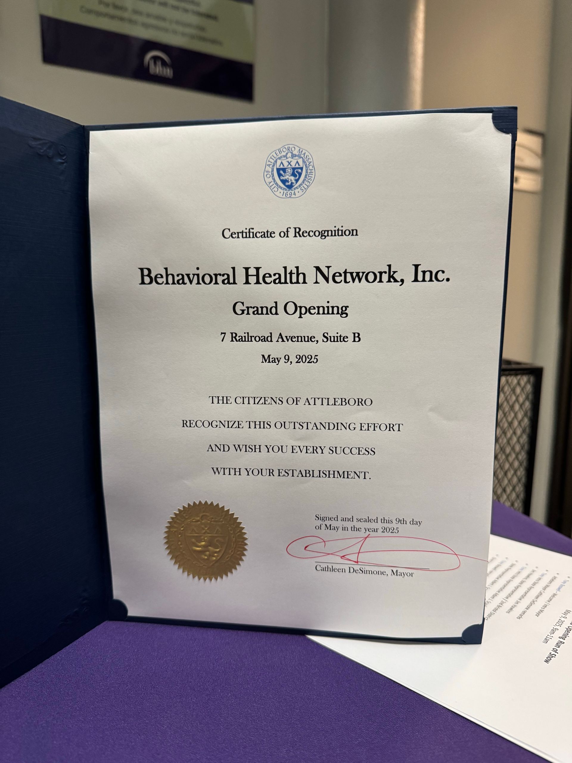 Certificate of recognition from Attleboro Mayor.