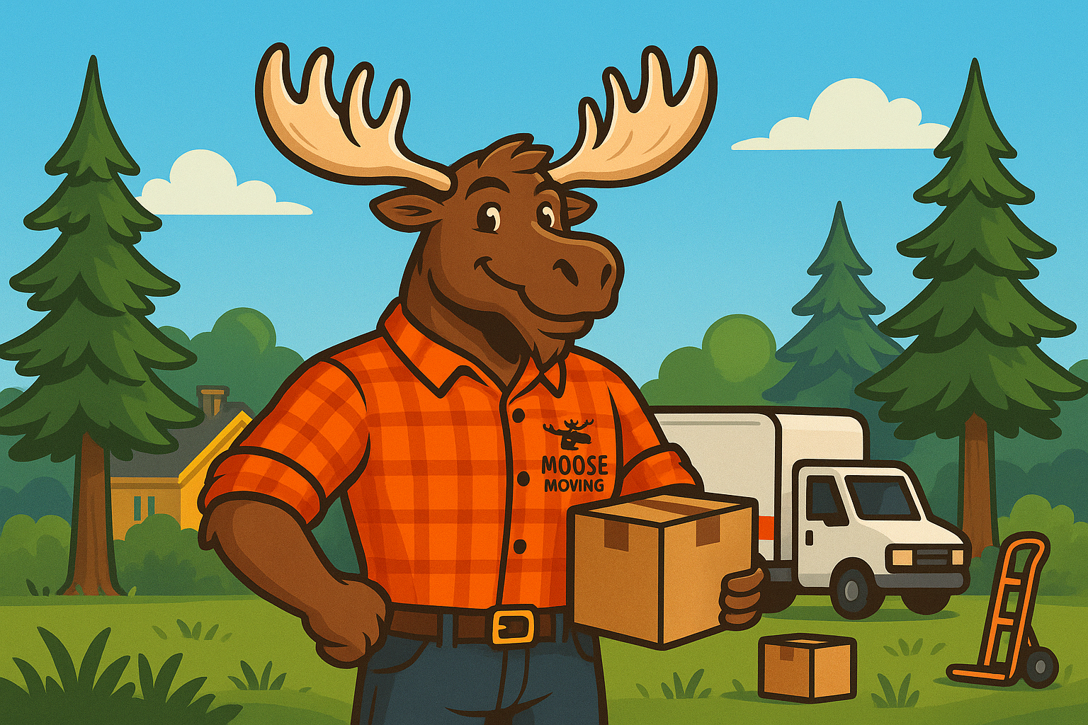 A cartoon moose is holding a box in front of a delivery truck.