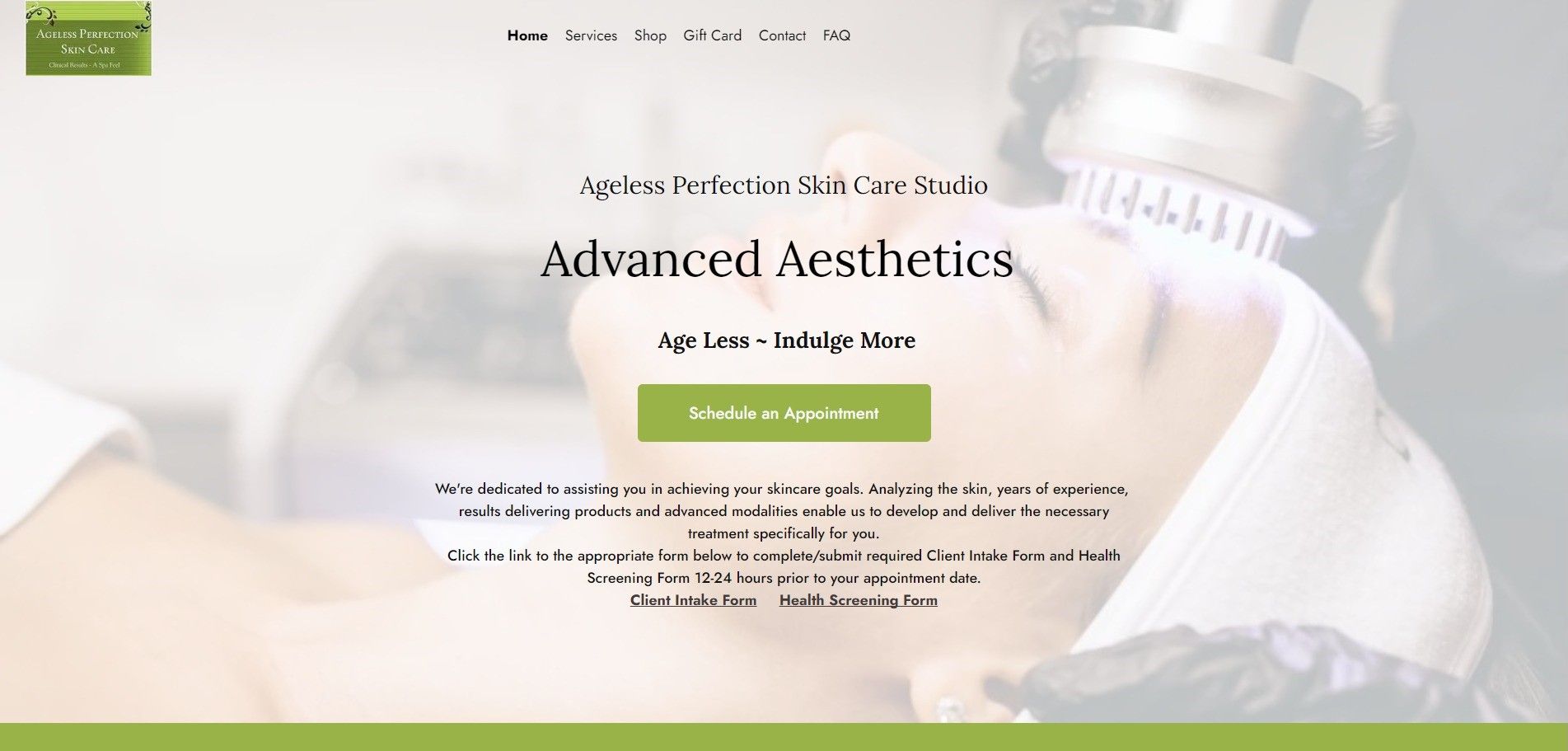 Website screenshot of Ageless Perfection