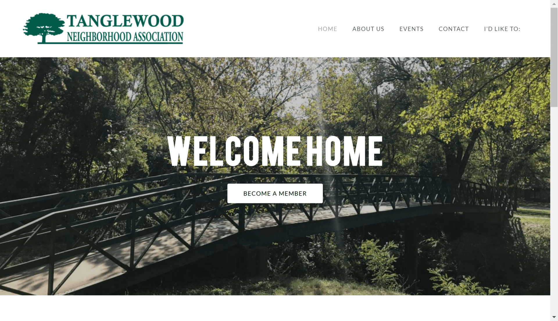 Hero area of Tanglewood Neighbhood Association website