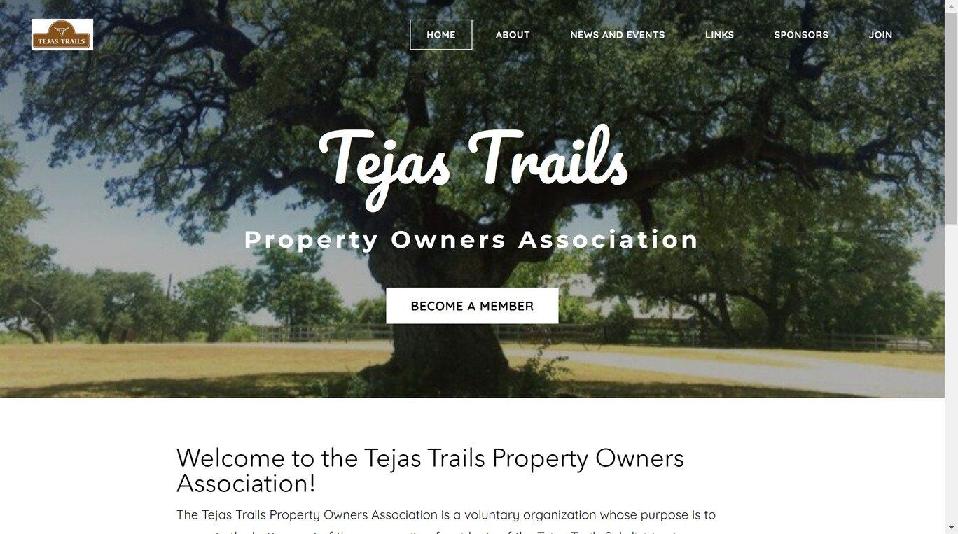 Hero area of Tejas Trails Property Owners Association website