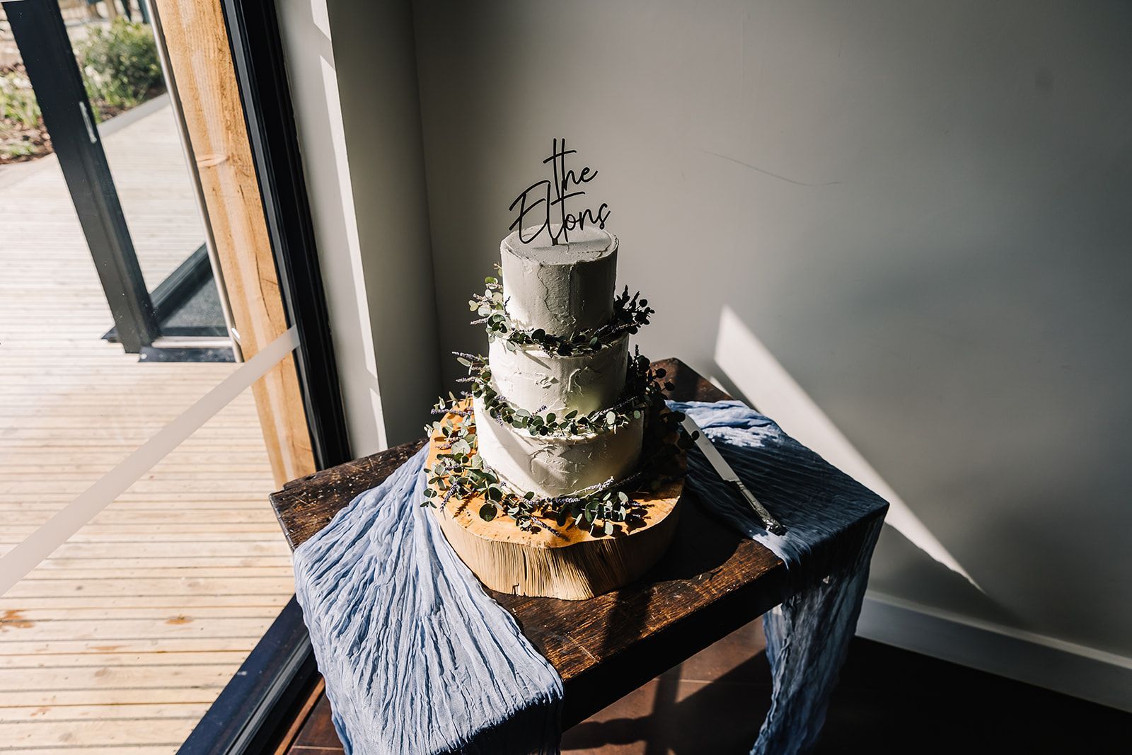 dusky blue wedding, cheesecloth table runner