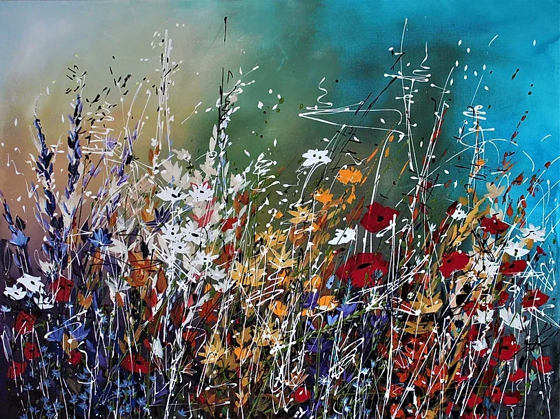 A painting of a field of flowers with a blue sky in the background