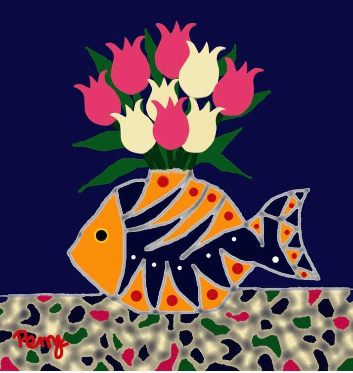 A painting of a fish with flowers in it