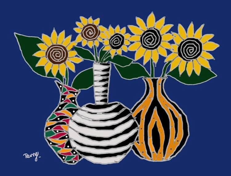 Three vases with sunflowers in them on a blue background