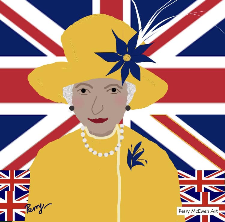 A drawing of queen elizabeth wearing a yellow hat